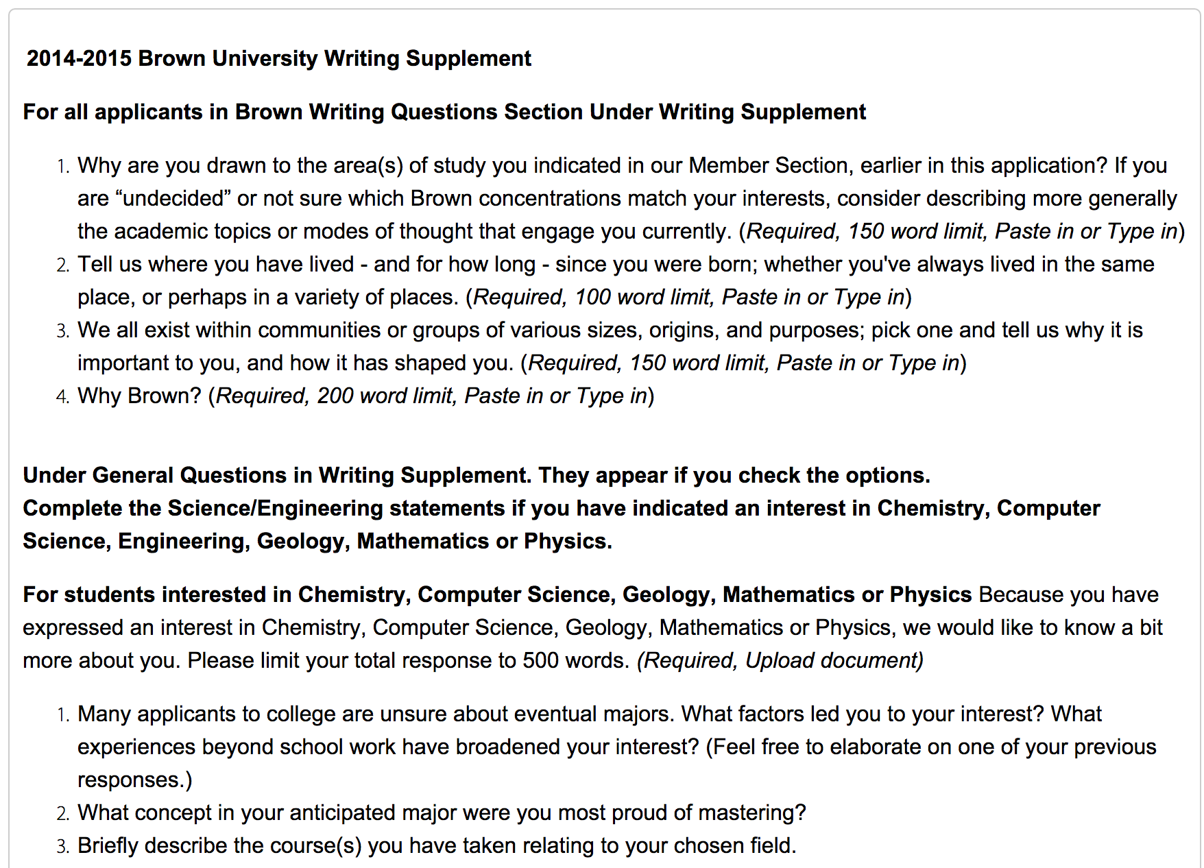 Location of Supplemental Essays  All College Application Essays